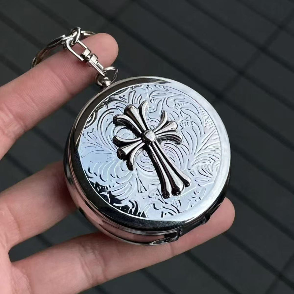 Retro Gothic Silver Alloy Cross Portable Ashtray Pendant Storage Box
