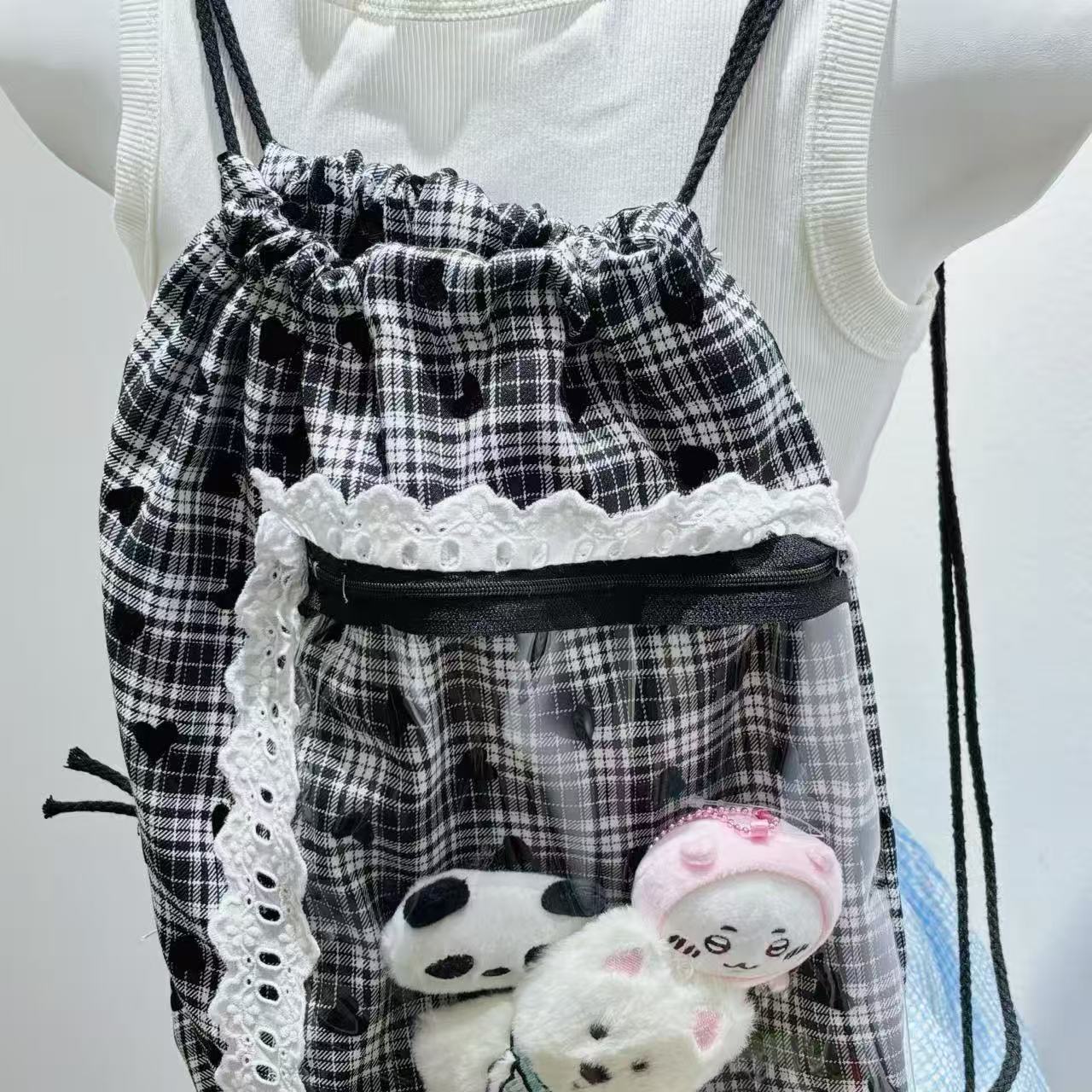 Cute Cartoon Handmade Black Plaid Lace Shoulder Bag Drawstring Bag
