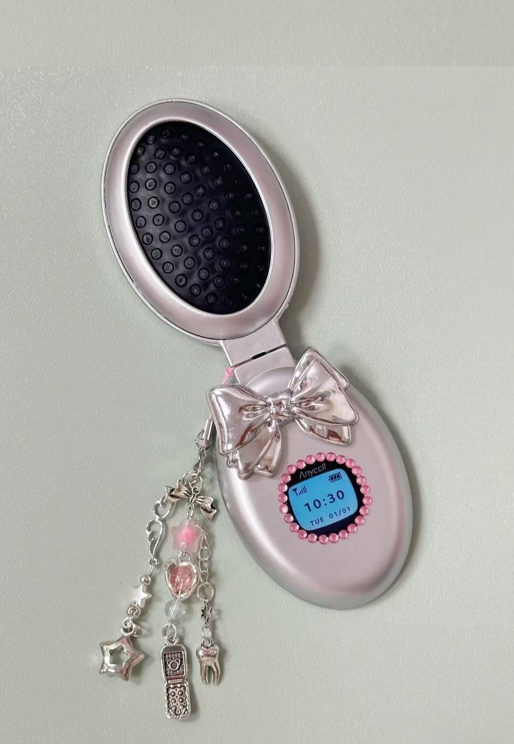 Y2K Hot Girl Millennial Style Retro Simulation Flip Phone Diamond Kitty Bow Folding Air Cushion Comb