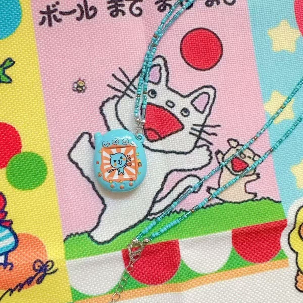 Original Homemade Blue Queer Beaded Necklace Rice Bead Chain Clavicle Chain Childlike Simulation Electronic Pet Tamagotchi