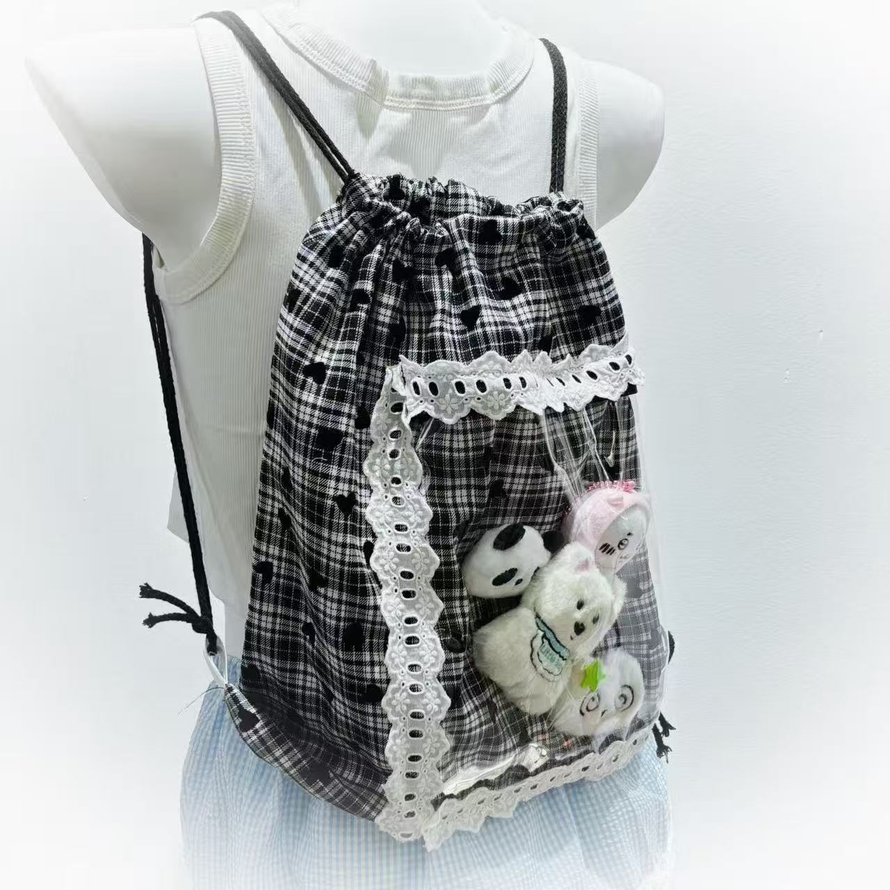 Cute Cartoon Handmade Black Plaid Lace Shoulder Bag Drawstring Bag