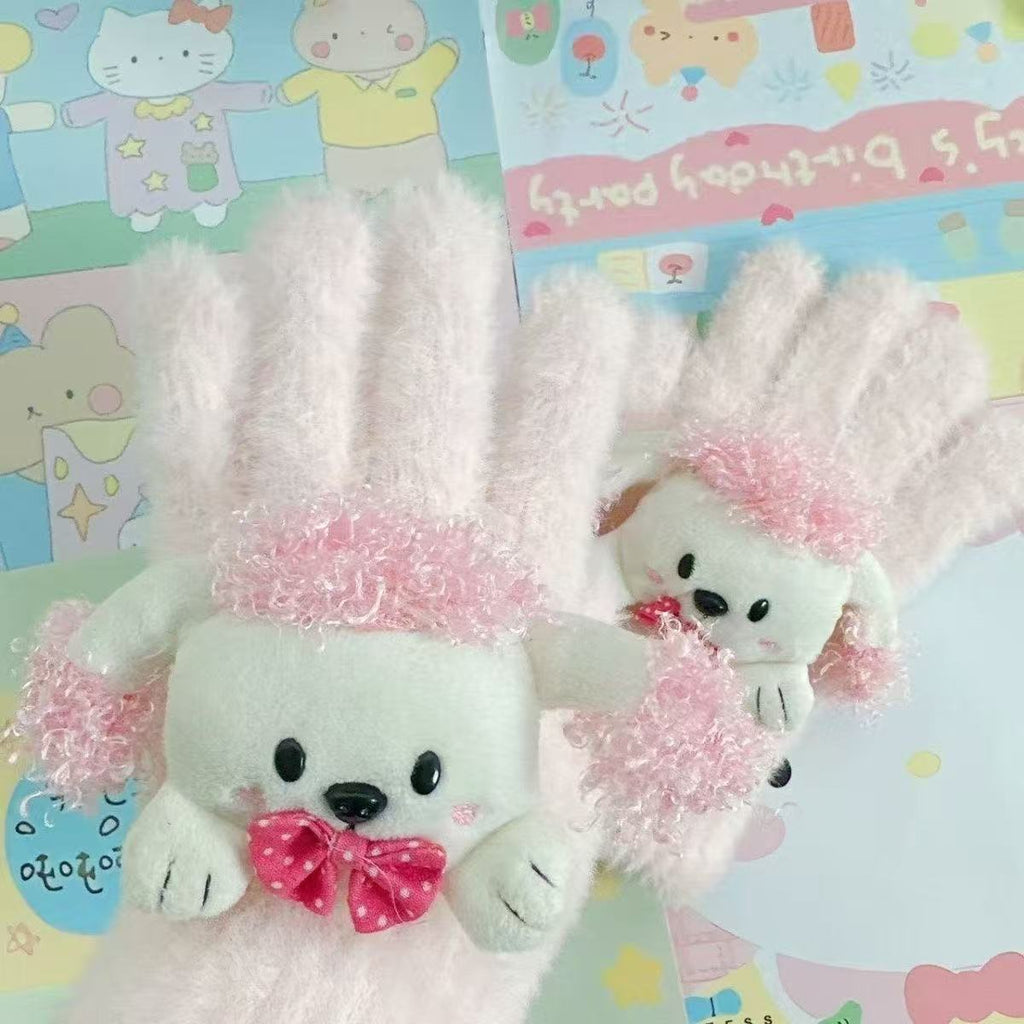 Retro Cute Showa-era Style Puppy Sweet Five-finger Warm Plush Touchscreen Gloves