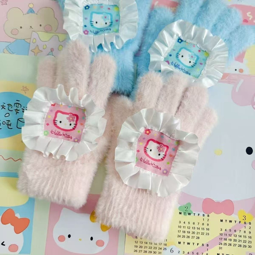 Retro Cute Cartoon Kitty Fabric Sweet Five-finger Warm Plush Touchscreen Gloves