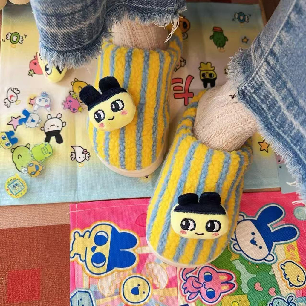 Cute cartoon Tamagotchi autumn and winter fur shoes home contrast color stripes fashion high-end personality cotton slippers for men and women