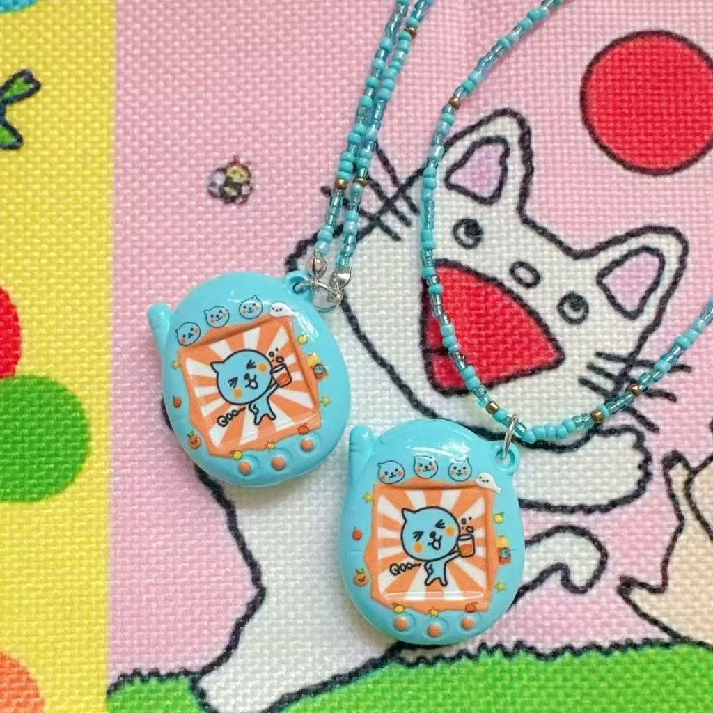 Original Homemade Blue Queer Beaded Necklace Rice Bead Chain Clavicle Chain Childlike Simulation Electronic Pet Tamagotchi