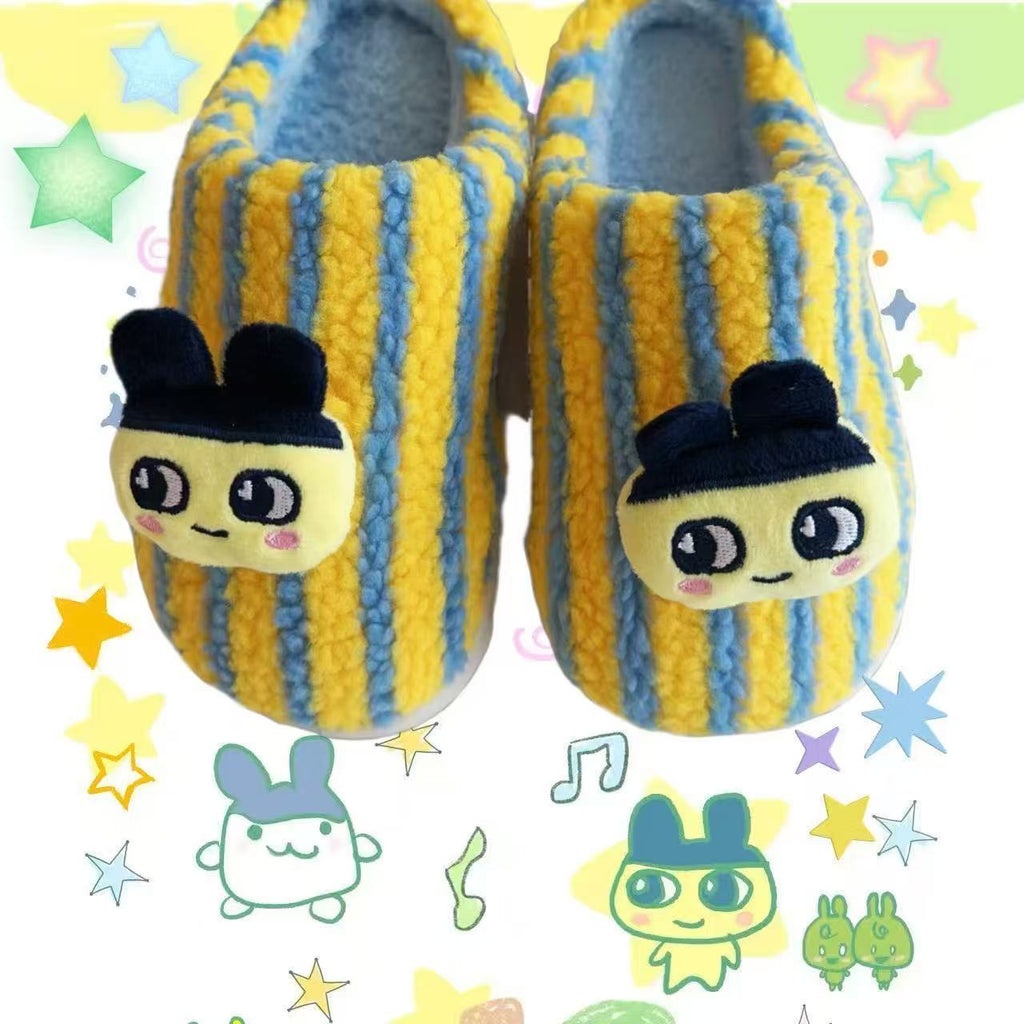 Cute cartoon Tamagotchi autumn and winter fur shoes home contrast color stripes fashion high-end personality cotton slippers for men and women